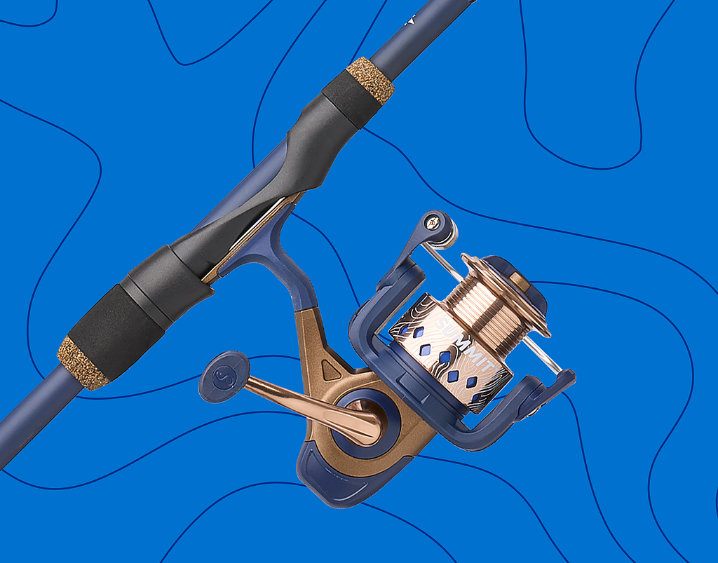 Fishing rod and reel set on a blue background