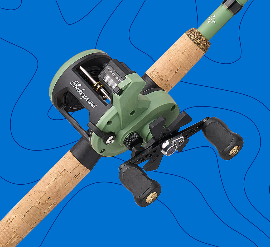 Fishing rod with green reel on a blue background